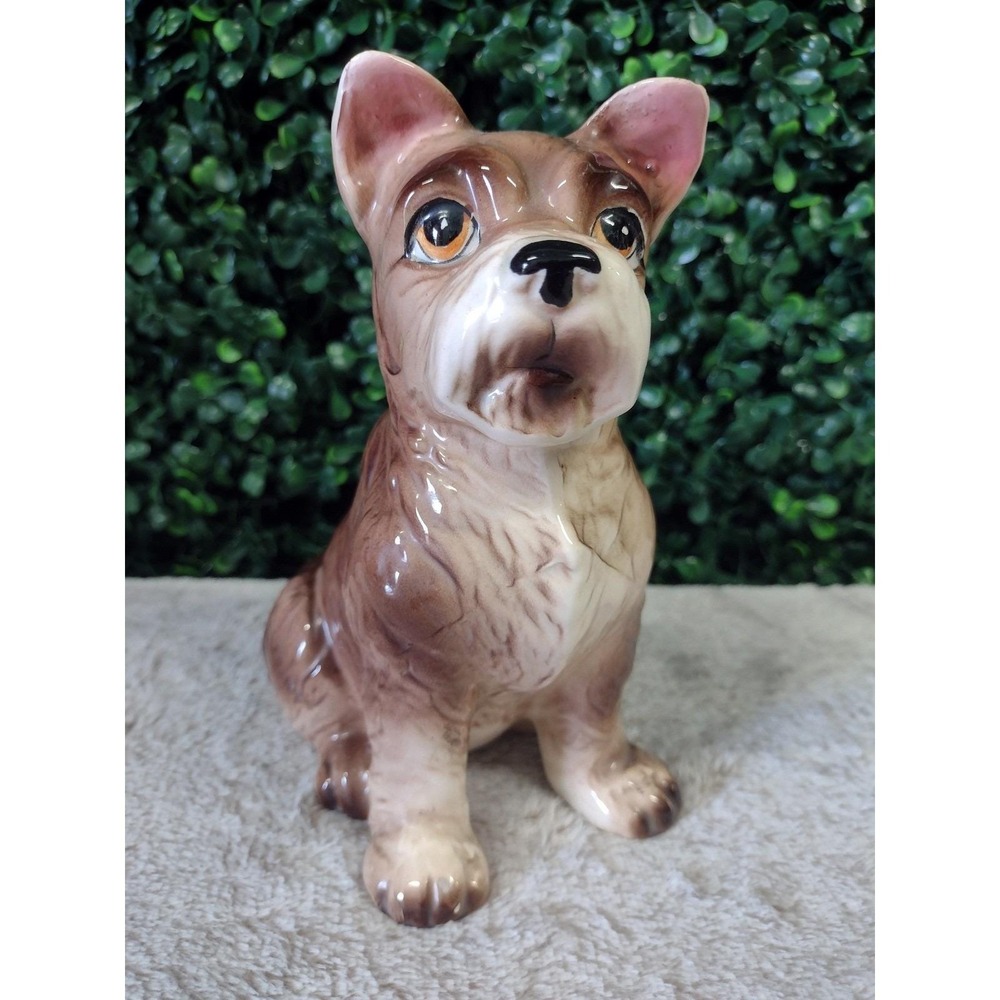Vintage MCM Ceramic Schnauzer Dog Figurine Brown‎ Puppy Statue Kitsch Home Decor